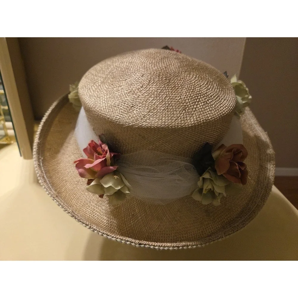Deborah Rhodes Mocha Wide Brim Hat Sinamay Floral Derby Church Wedding 22.5